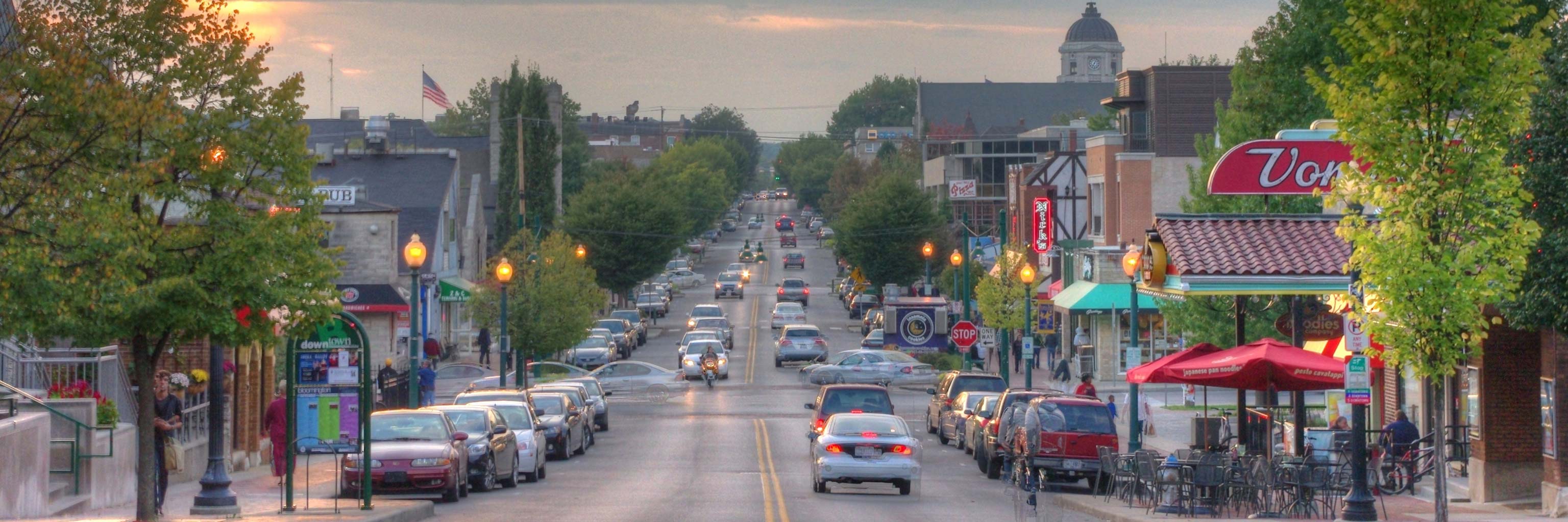 busy street of Kirkwood Avenue in Bloomington, Indiana