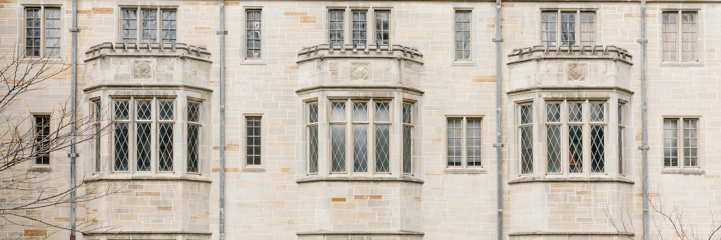 side of old limestone building with ornate cross hatch windows