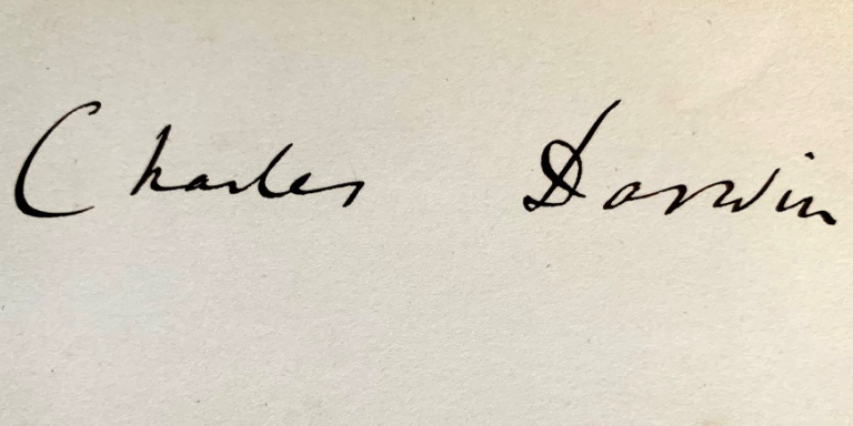 Charles Darwin's signature. On display at the Lilly Library.